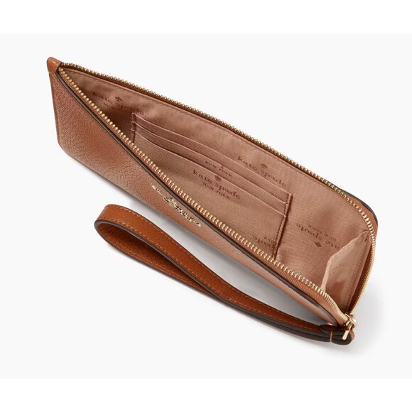 New Kate Spade Lucy Pebbled Leather Medium L-zip Wristlet Warm Gingerbread - Picture 2 of 3